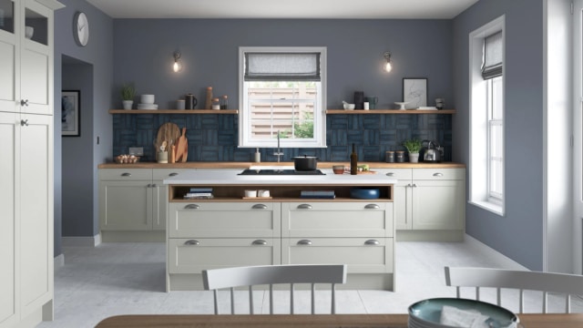 The Dawson kitchen showcasing the counters with oak worktops.