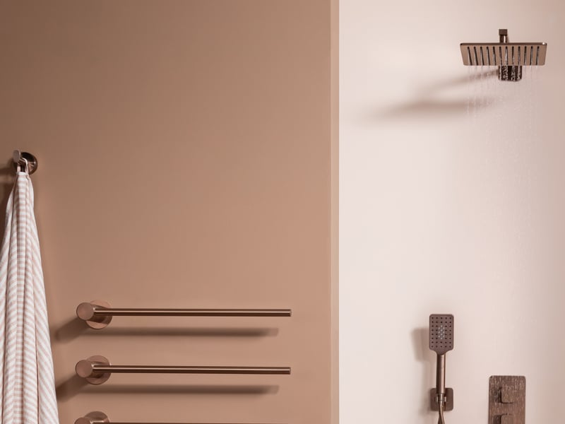 A modern square rainfall shower head.